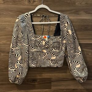Farm Rio Bold Abstract Sweetheart Puff Long Sleeve Tie Neck Cotton Crop Top S